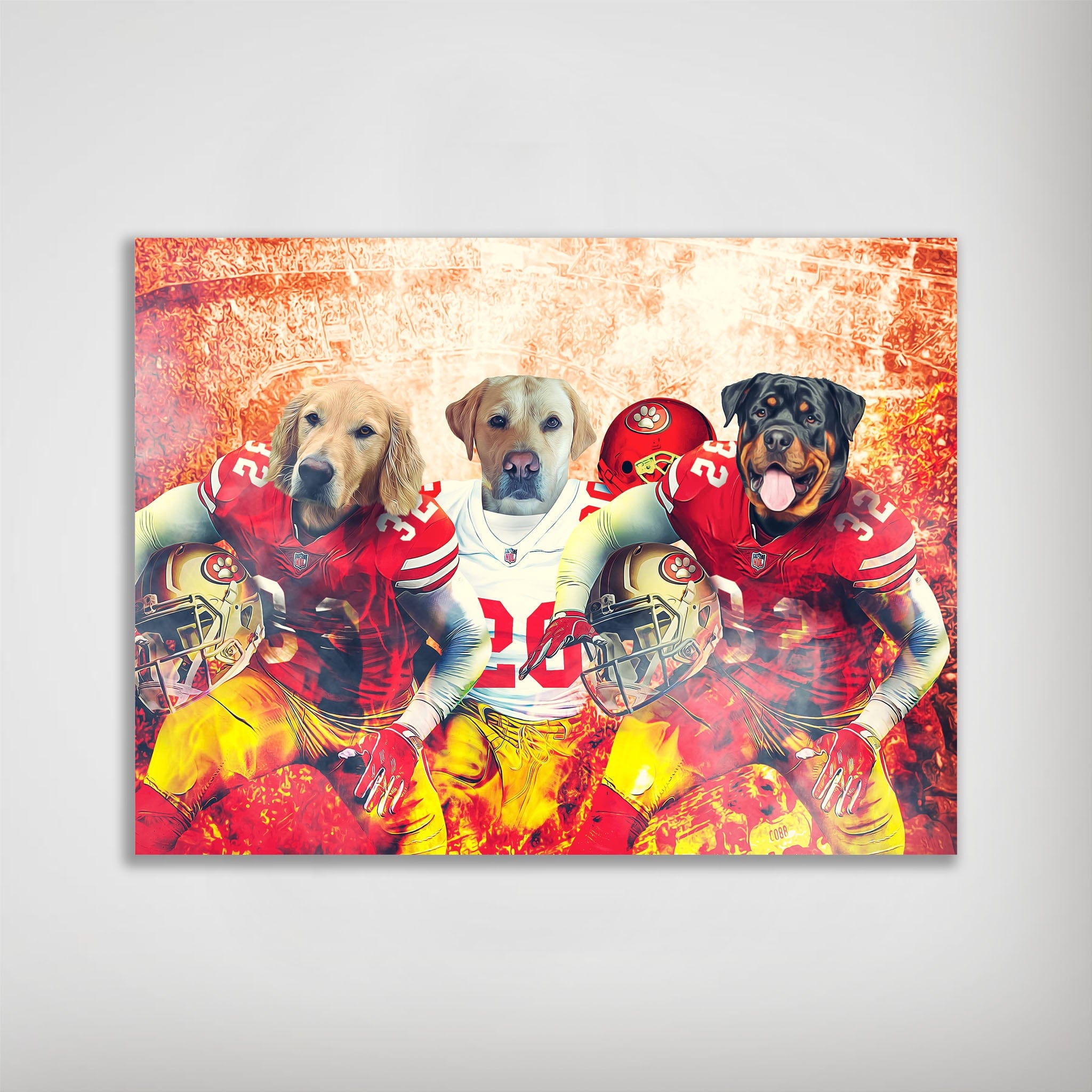 Personalized 3-pet poster featuring dogs in San Francisco 49ers football uniforms with a fiery background.
