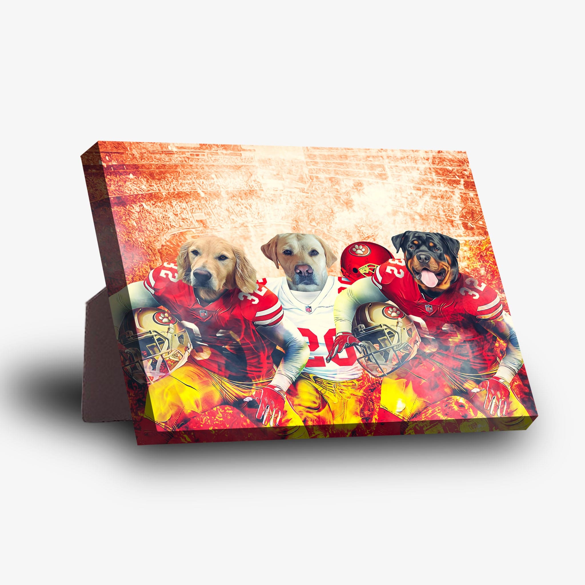 Personalized 3-pet standing canvas featuring dogs in San Francisco 40Doggos football jerseys with a fiery background.