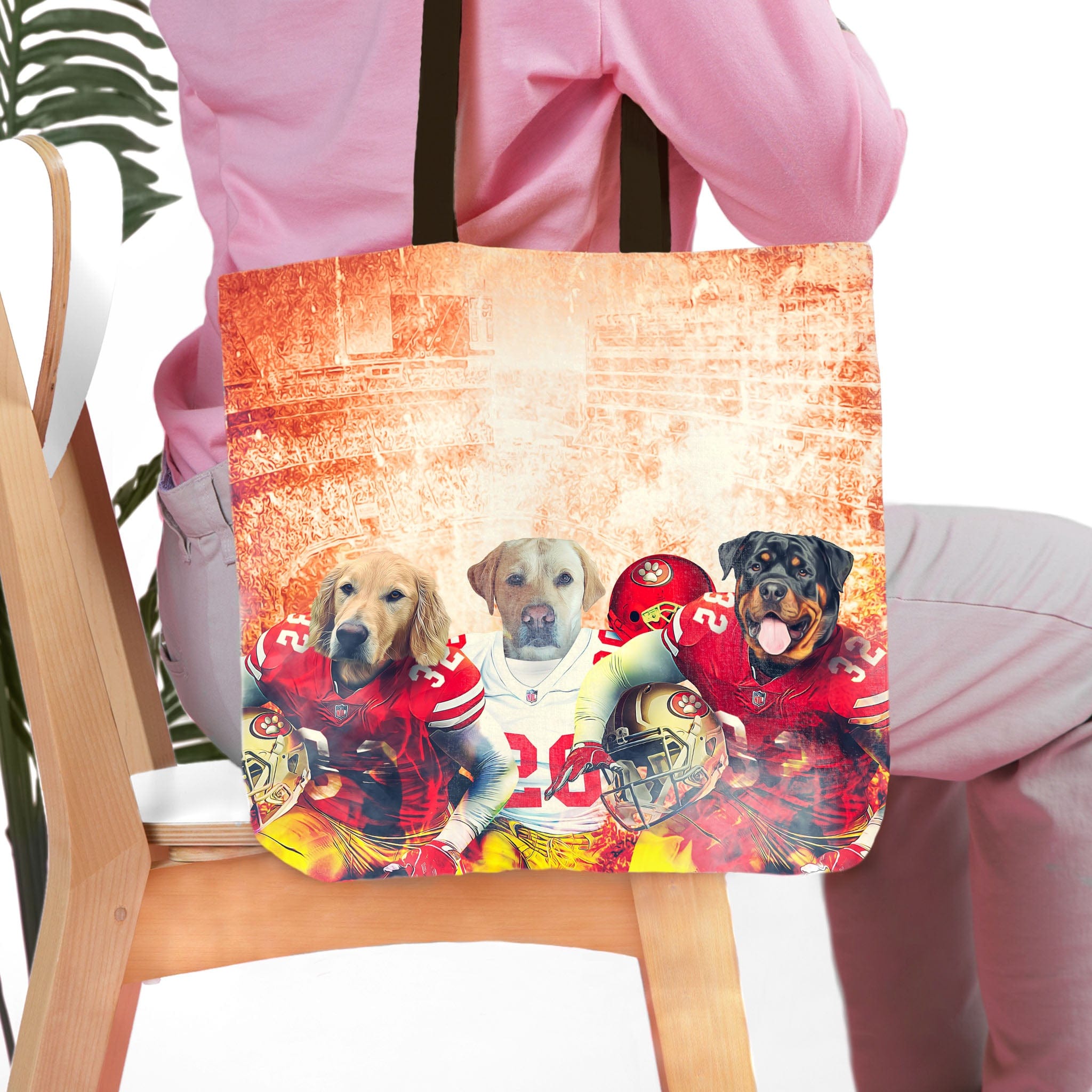 Personalized 3-pet tote bag featuring custom dog portraits in San Francisco 49ers football uniforms.