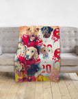Personalized San Francisco 49ers football pet portrait blanket with four dogs.