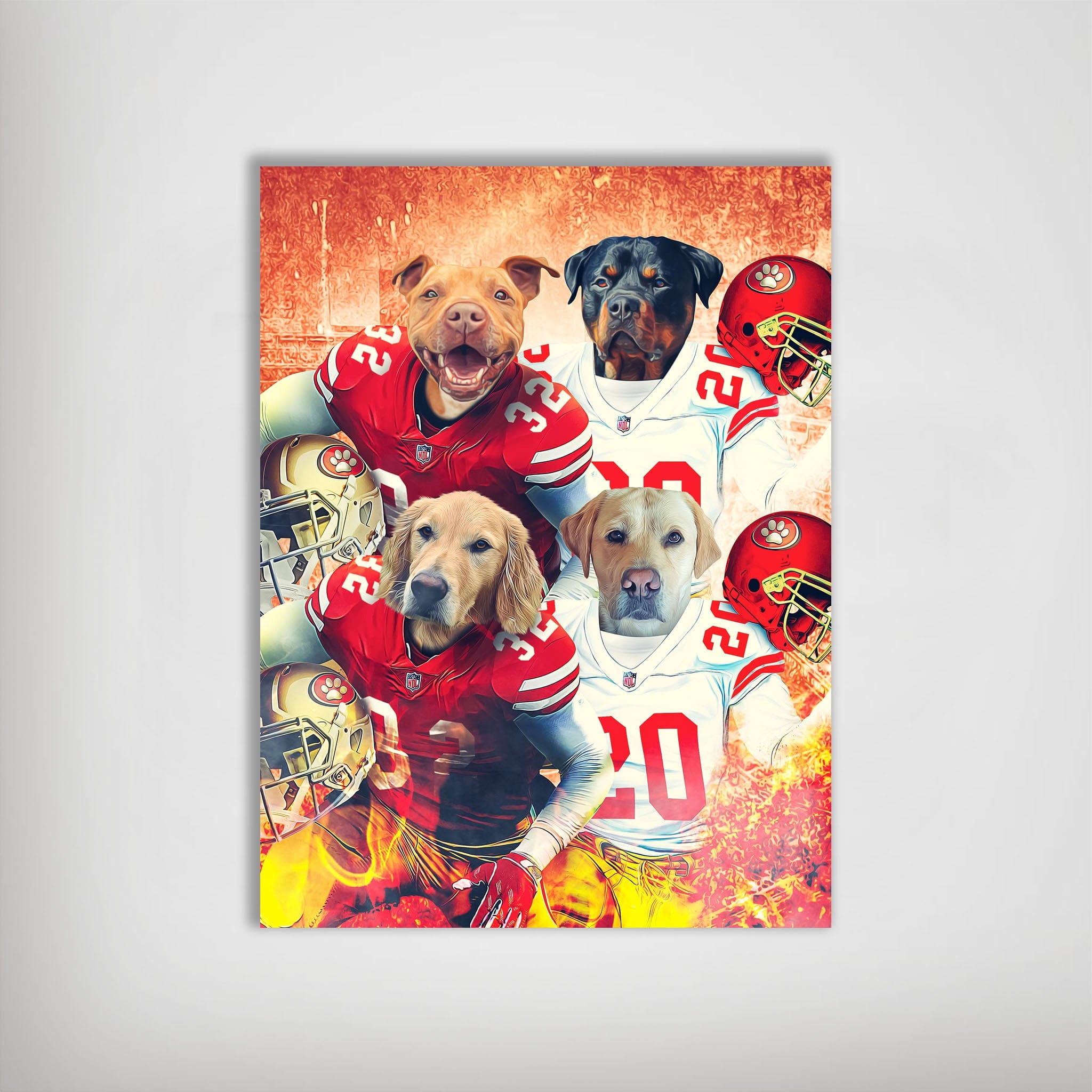 Personalized 4-pet poster featuring dogs in San Francisco 49ers football jerseys and helmets, with fiery effects.