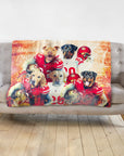 Personalized 5-pet blanket with dogs in San Francisco 49ers football uniforms, on a gray sofa.