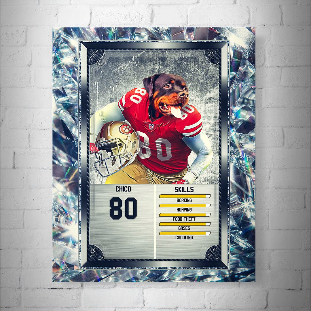 Personalized 8x10" matte football trading card poster featuring a Rottweiler in a red jersey, holding a gold helmet.