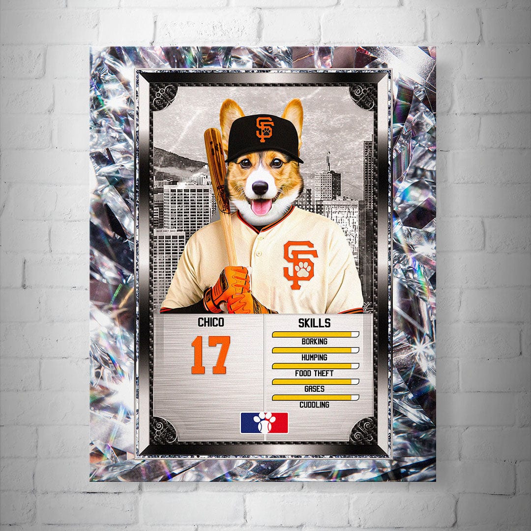 Personalized San Francisco Giants baseball trading card poster featuring a corgi in a uniform, framed in sparkling diamonds.