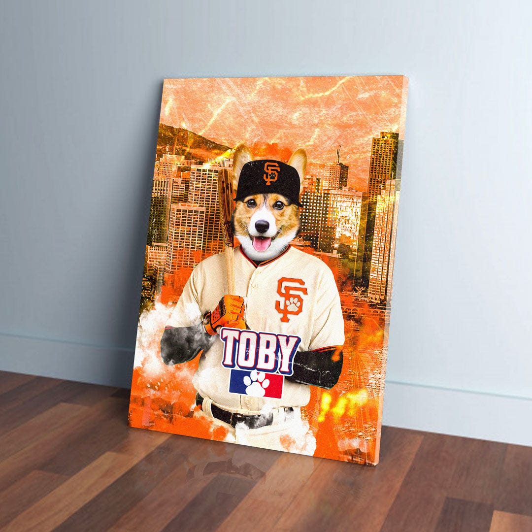 Personalized San Franpawsco Giants pet canvas featuring a corgi in a baseball uniform.