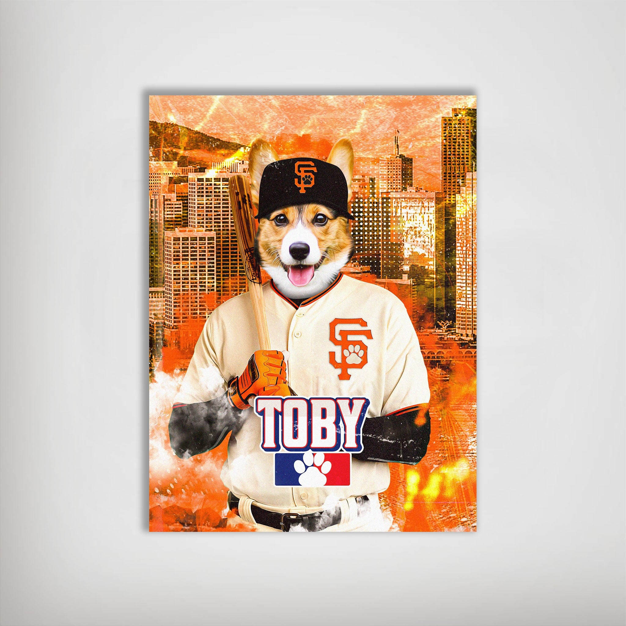 Personalized pet poster featuring a corgi in a San Francisco Giants baseball uniform, holding a bat, with a city skyline background.