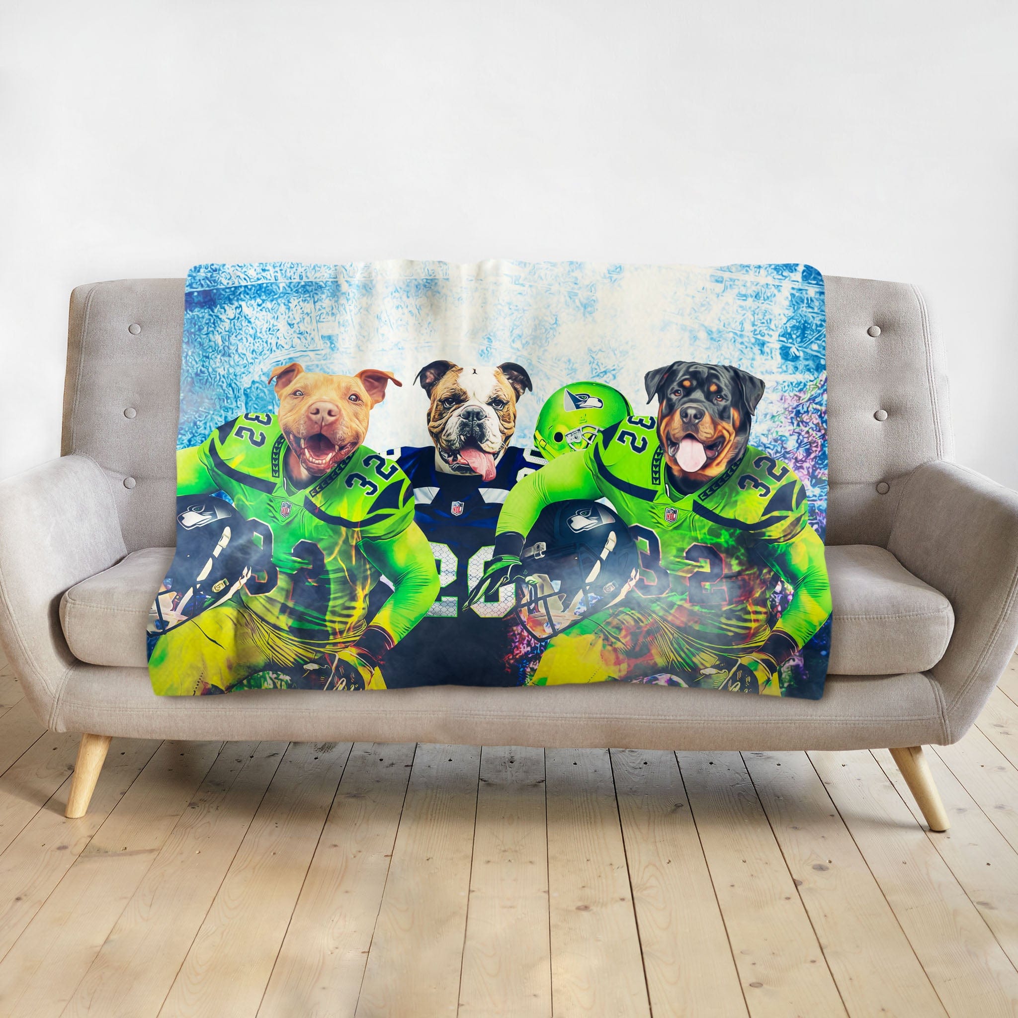 Personalized 3-pet blanket with dogs in Seattle football uniforms, vibrant green and blue.