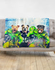 Personalized 3-pet blanket with dogs in Seattle football uniforms, vibrant green and blue.