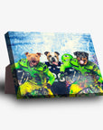 Personalized 'Seattle Doggos' 3-pet standing canvas featuring dogs in football uniforms.