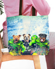 Personalized 3-pet tote bag featuring custom dog portraits in football jerseys.