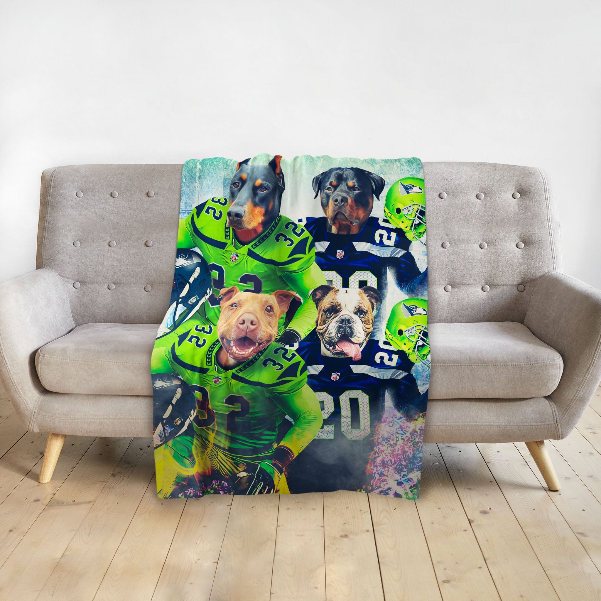 Personalized custom blanket with four dogs in green and blue football uniforms.