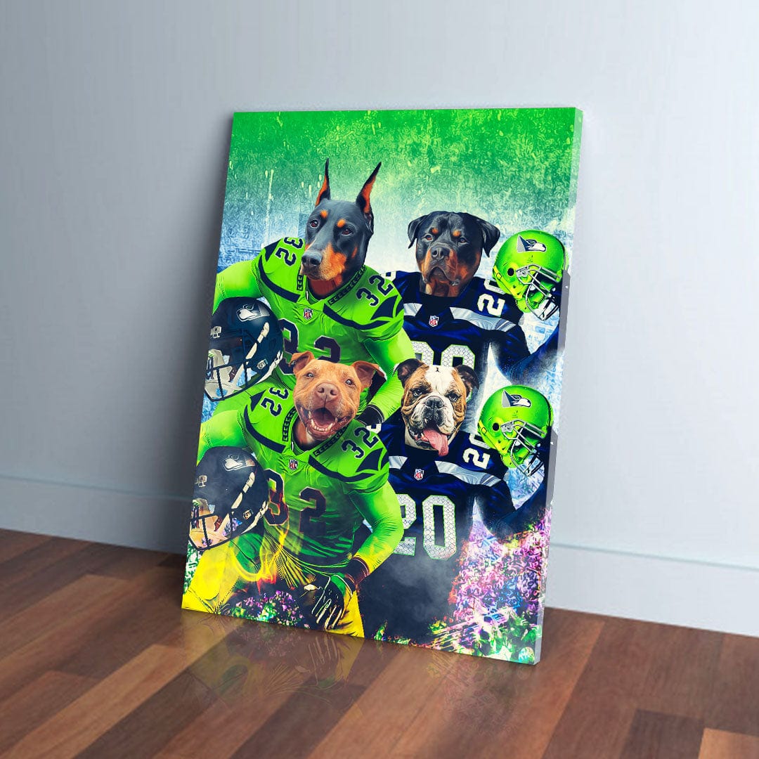 Personalized 'Seattle Doggos' canvas featuring four pets as football players in green and blue jerseys.