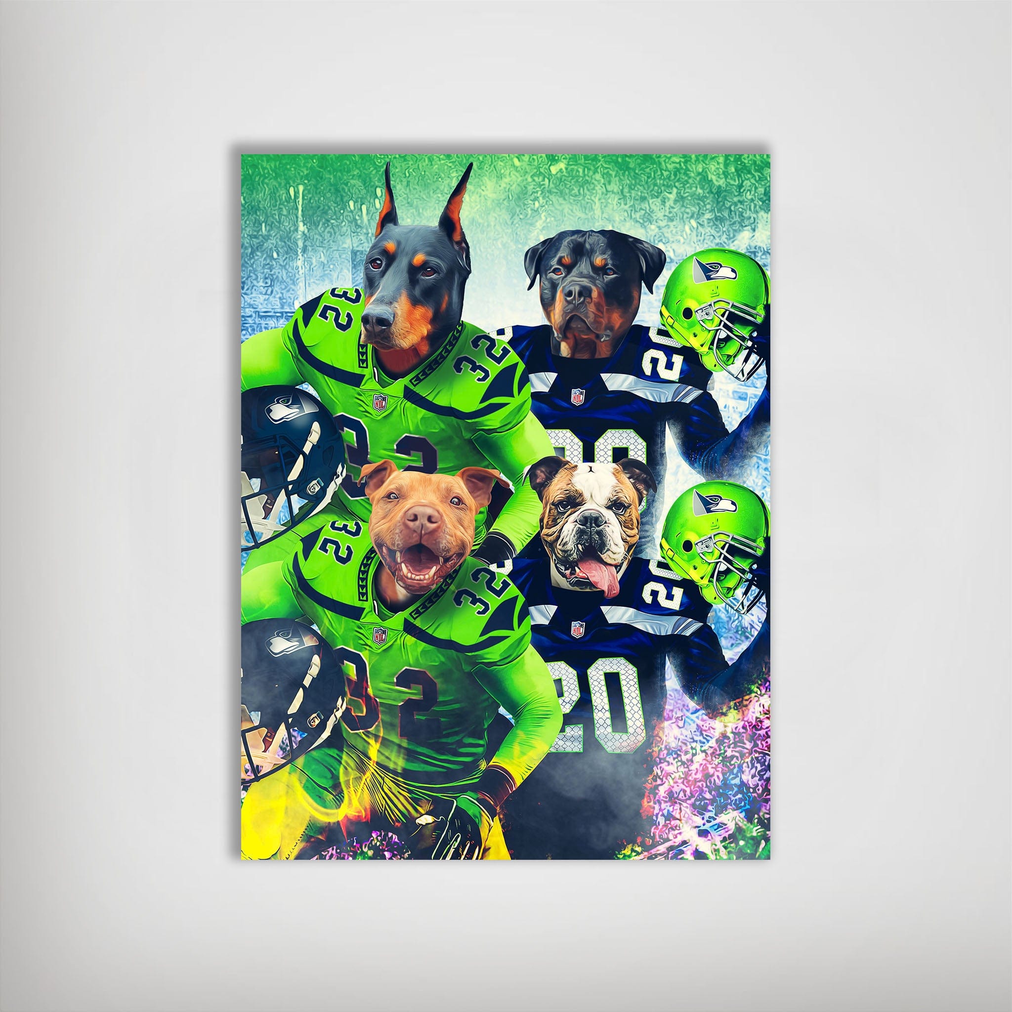 Personalized 'Seattle Doggos' 4 pet poster featuring dogs in football jerseys and helmets.