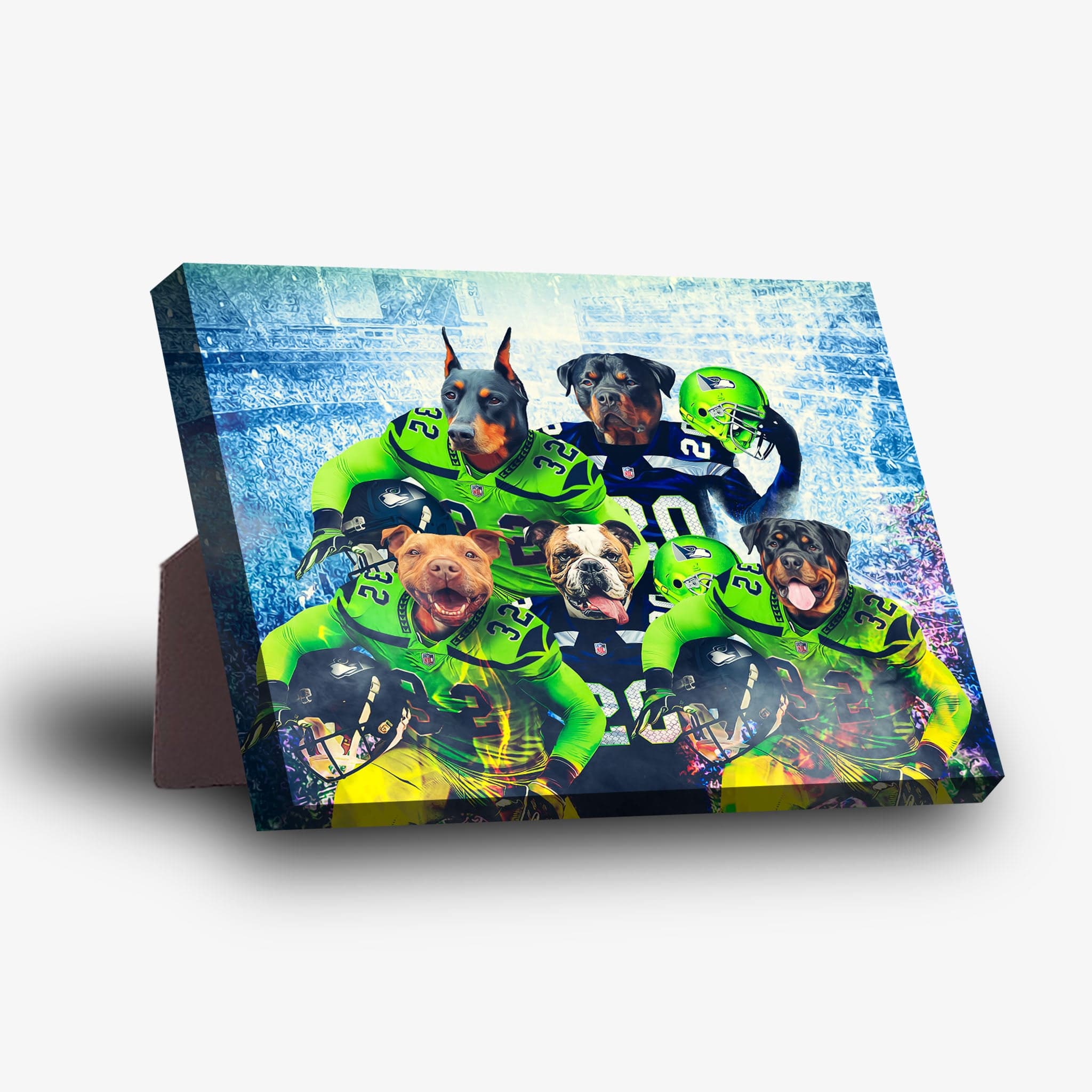 Personalized 5-pet standing canvas featuring dogs in green and blue football uniforms.