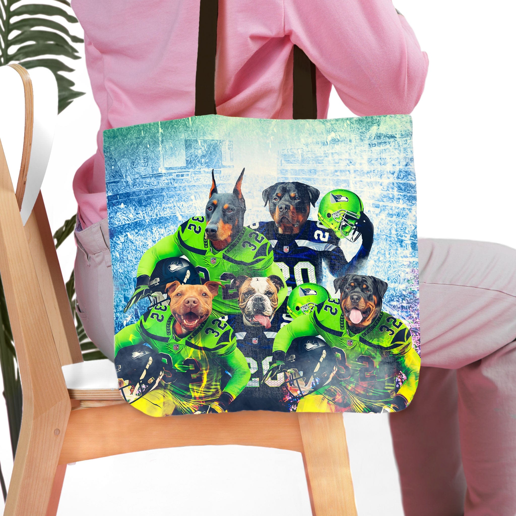 Personalized 5-pet tote bag featuring dogs in Seattle football uniforms.