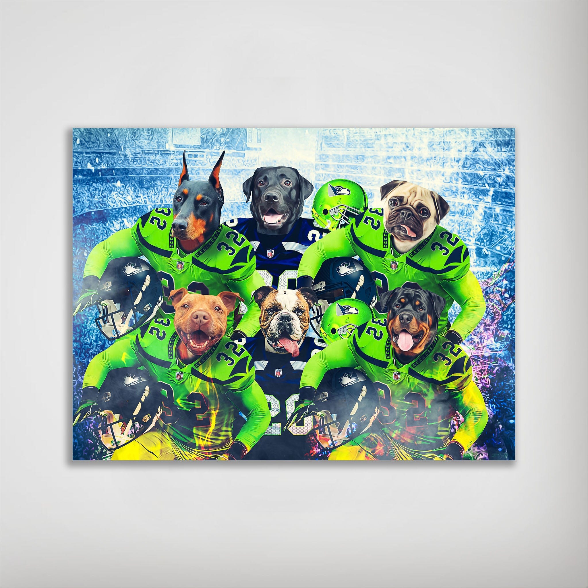 Personalized 'Seattle Doggos' poster featuring six pets as football players in green and blue jerseys.