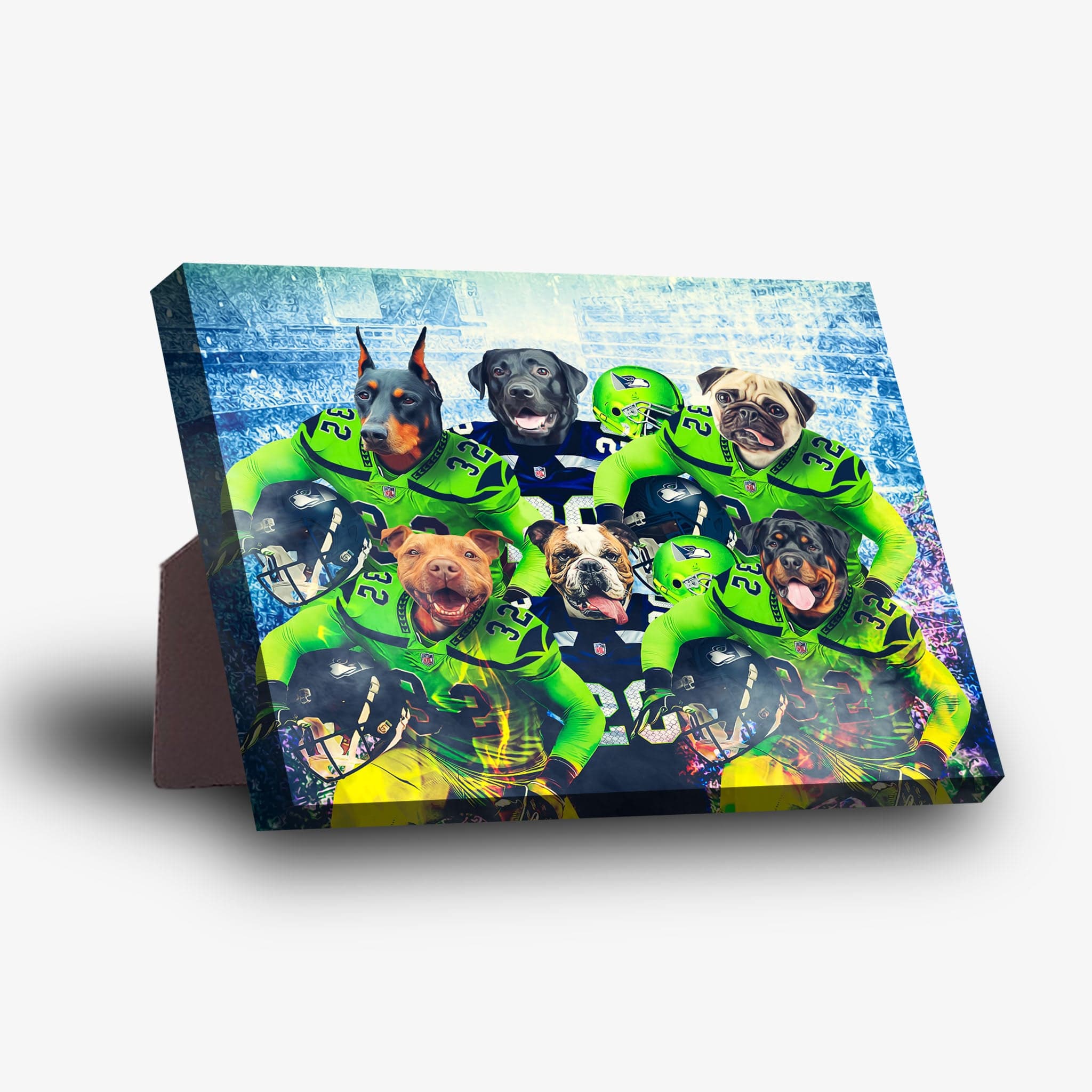 Personalized 'Seattle Doggos' 6-pet standing canvas featuring dogs in football uniforms with a sturdy stand.