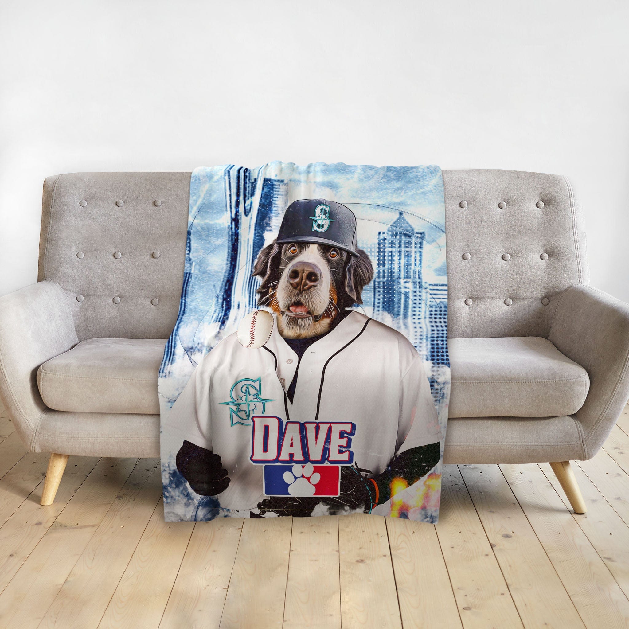 Personalized pet blanket featuring a Bernese Mountain Dog in a Seattle Mariners baseball uniform.