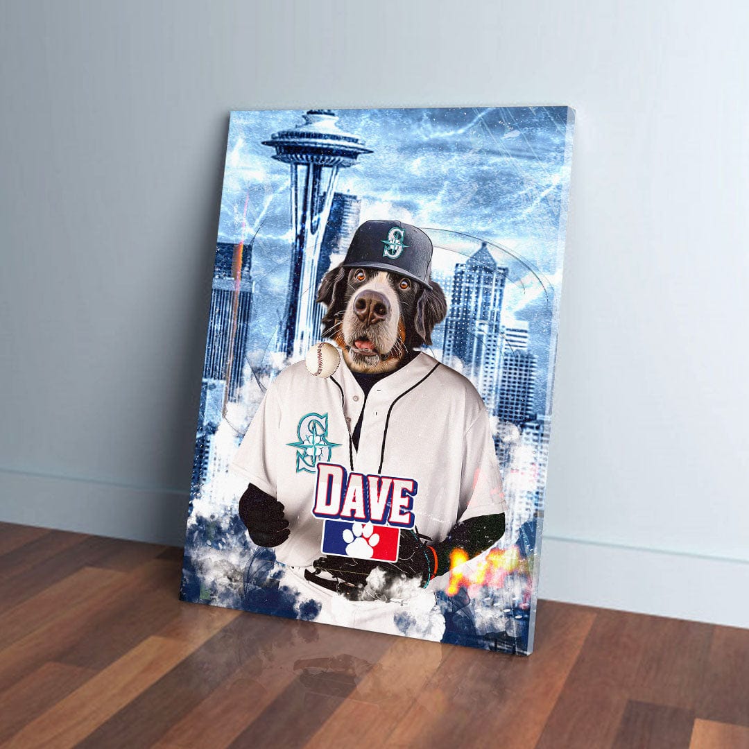 Personalized Seattle Mariners Doggos canvas featuring a Bernese Mountain Dog in a baseball uniform.