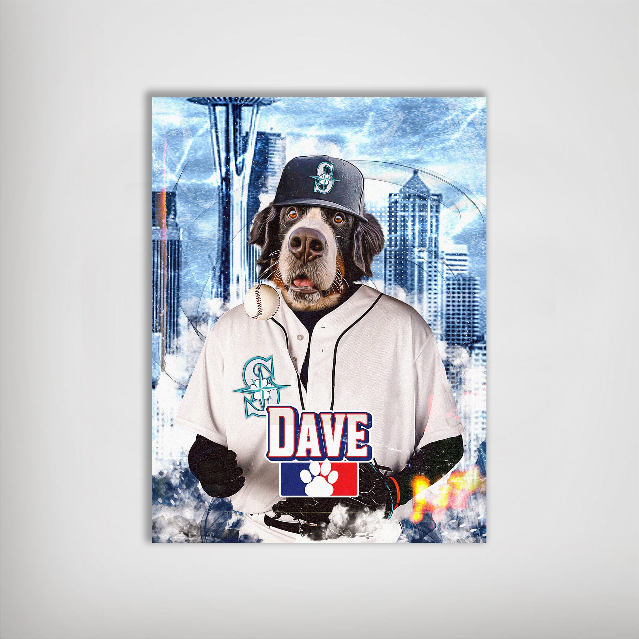 Personalized Seattle Mariners Doggos pet poster featuring a Bernese Mountain Dog in a baseball uniform with "DAVE" on it.