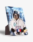 Personalized pet portrait canvas featuring a Bernese Mountain Dog in a Mariners baseball uniform with "DAVE" on a paw print sign.