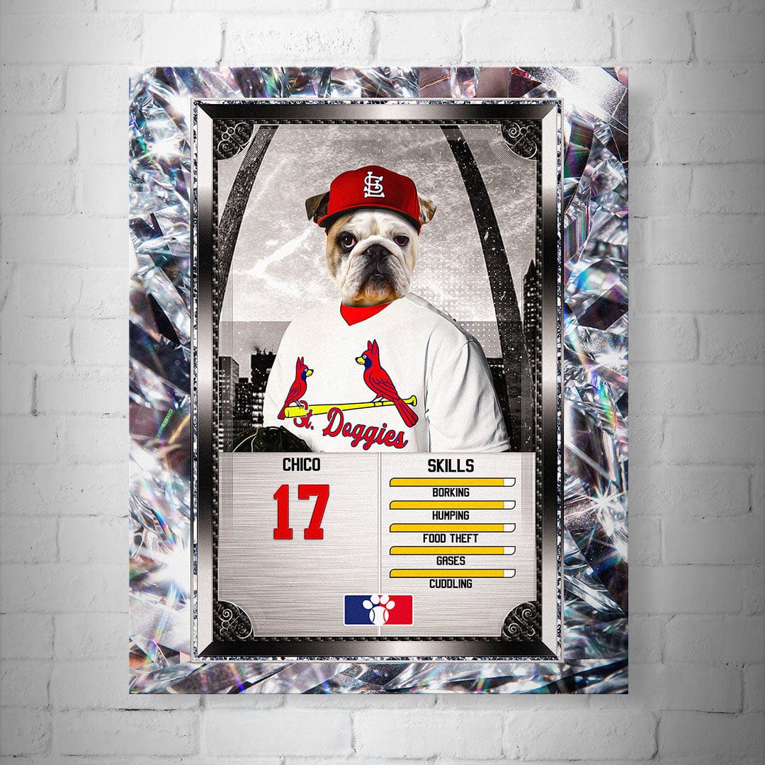 Personalized 8x10" matte baseball trading card poster featuring a bulldog in a St. Louis Doggies uniform.