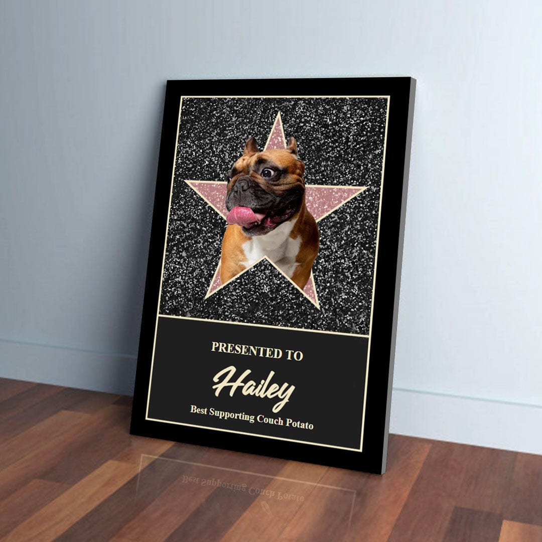 Personalized Star of Fame pet canvas featuring a brown bulldog on a glittery black background with a pink star.