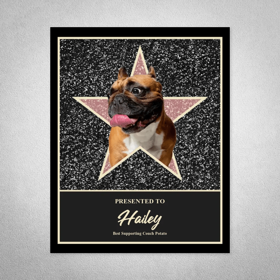 Personalized Star of Fame pet poster featuring a French Bulldog in a pink star on a glittery background.