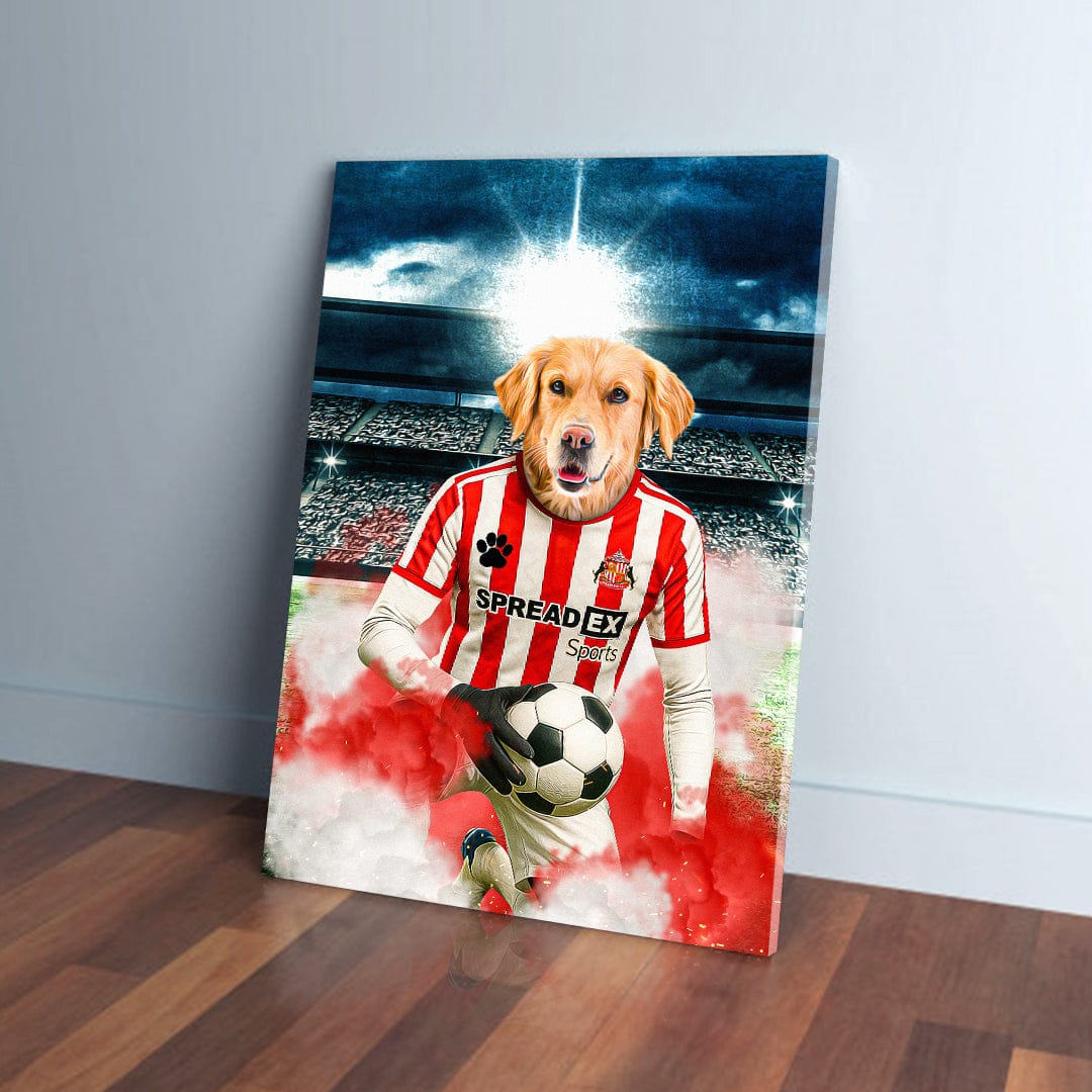 Personalized pet canvas featuring a golden retriever in a red and white Sunderland football kit holding a ball.