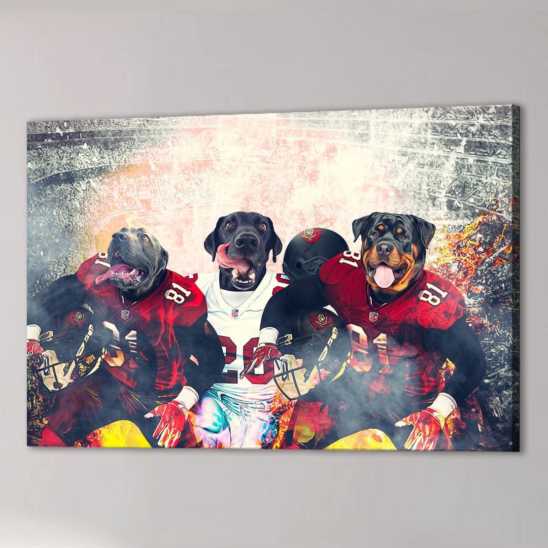 Custom canvas featuring three dogs in red and white football jerseys, ready for the game.
