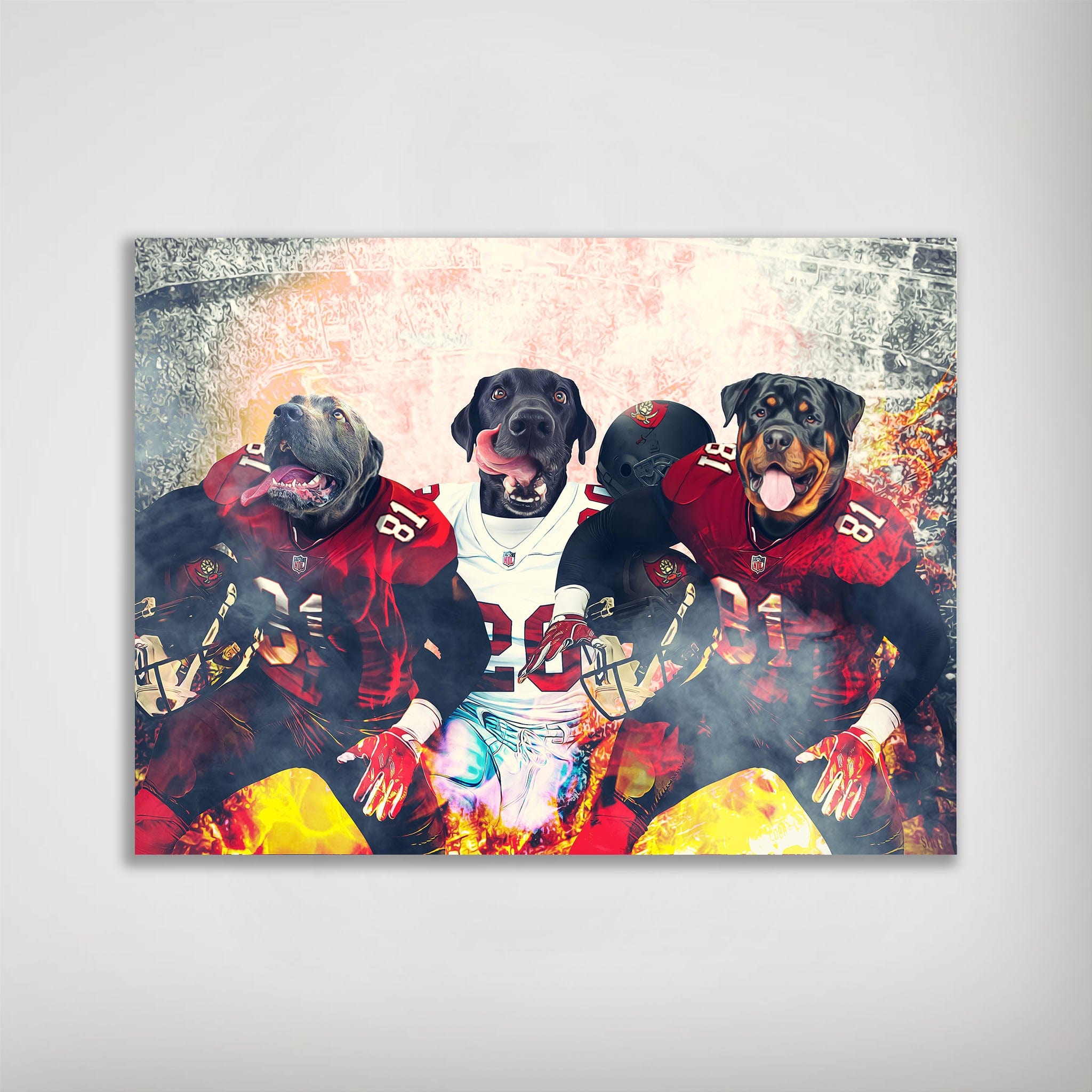Personalized 'Tampa Bay Doggos' 3-pet poster featuring dogs in football uniforms with fiery effects.