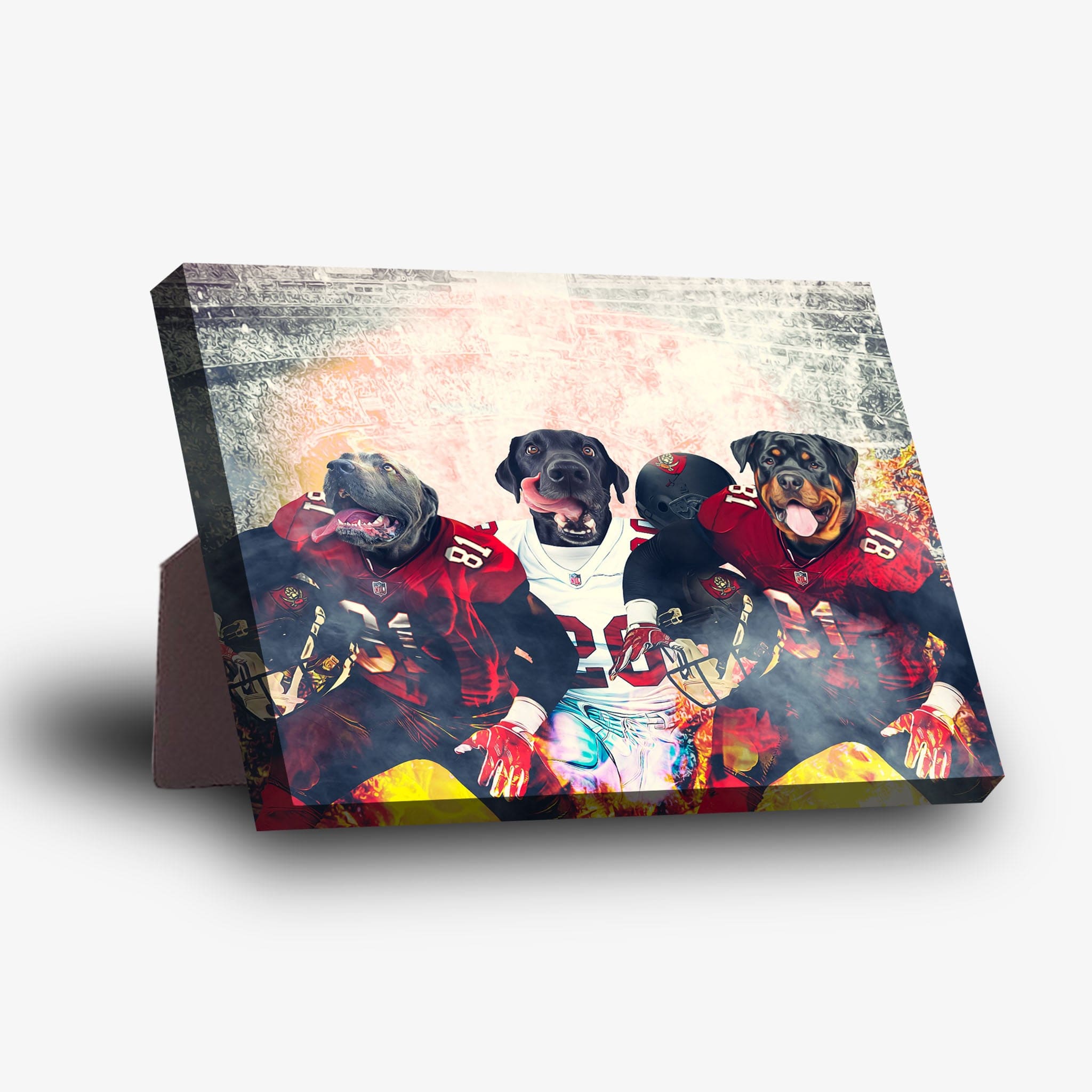 Personalized 3-pet standing canvas featuring dogs in red and white football jerseys.
