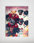 Personalized 'Tampa Bay Doggos' poster featuring four pets in red and white football jerseys.
