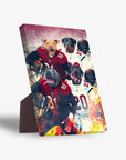 Personalized 'Tampa Bay Doggos' standing canvas with four pets in football uniforms.