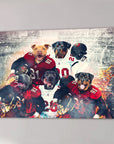 Personalized canvas featuring five dogs in Tampa Bay Doggos football uniforms against a stadium backdrop.