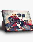 Personalized 5 pet standing canvas featuring dogs in football uniforms against a grunge background.