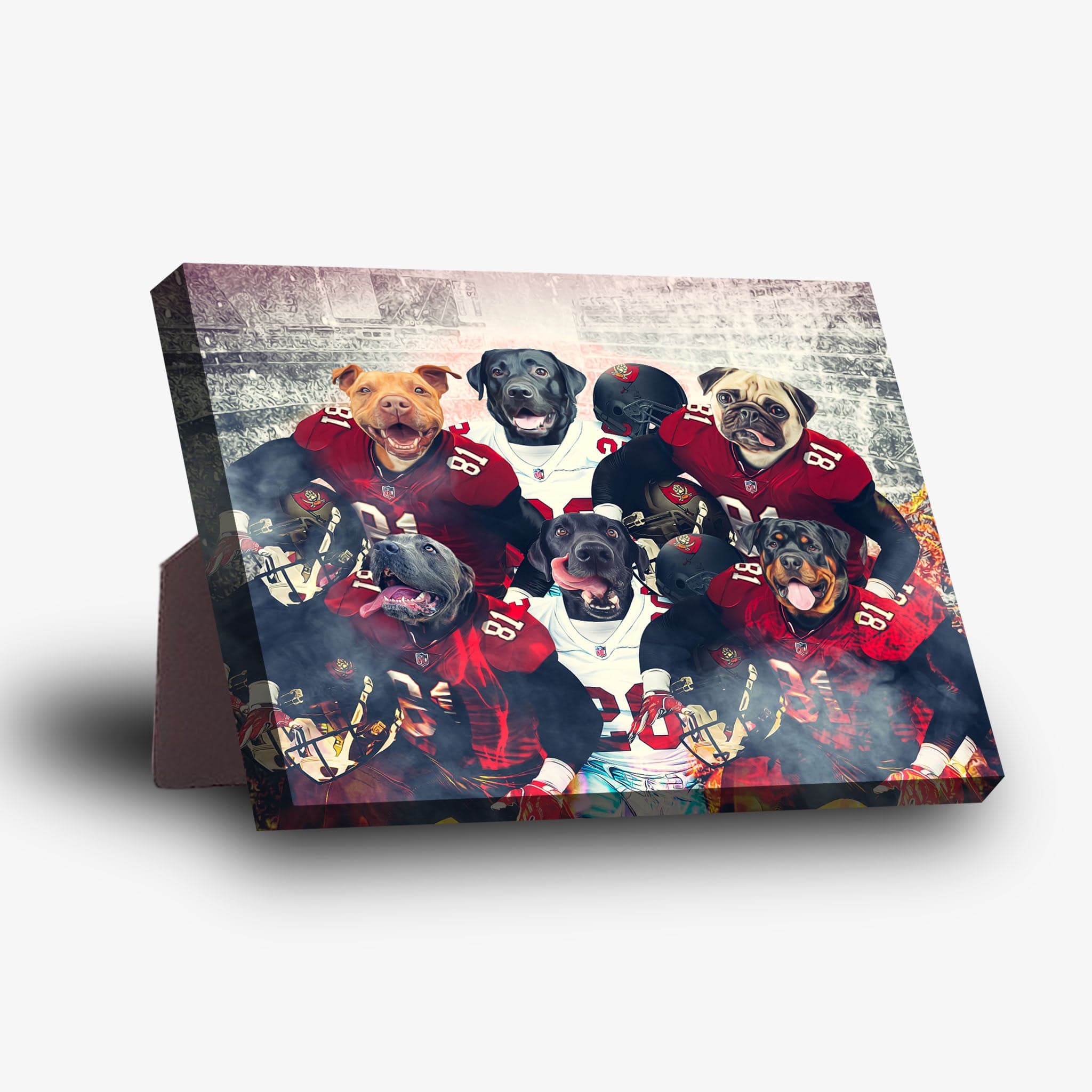 Personalized 'Tampa Bay Doggos' 6-pet standing canvas featuring dogs in football uniforms.