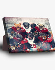 Personalized 'Tampa Bay Doggos' 6-pet standing canvas featuring dogs in football uniforms.