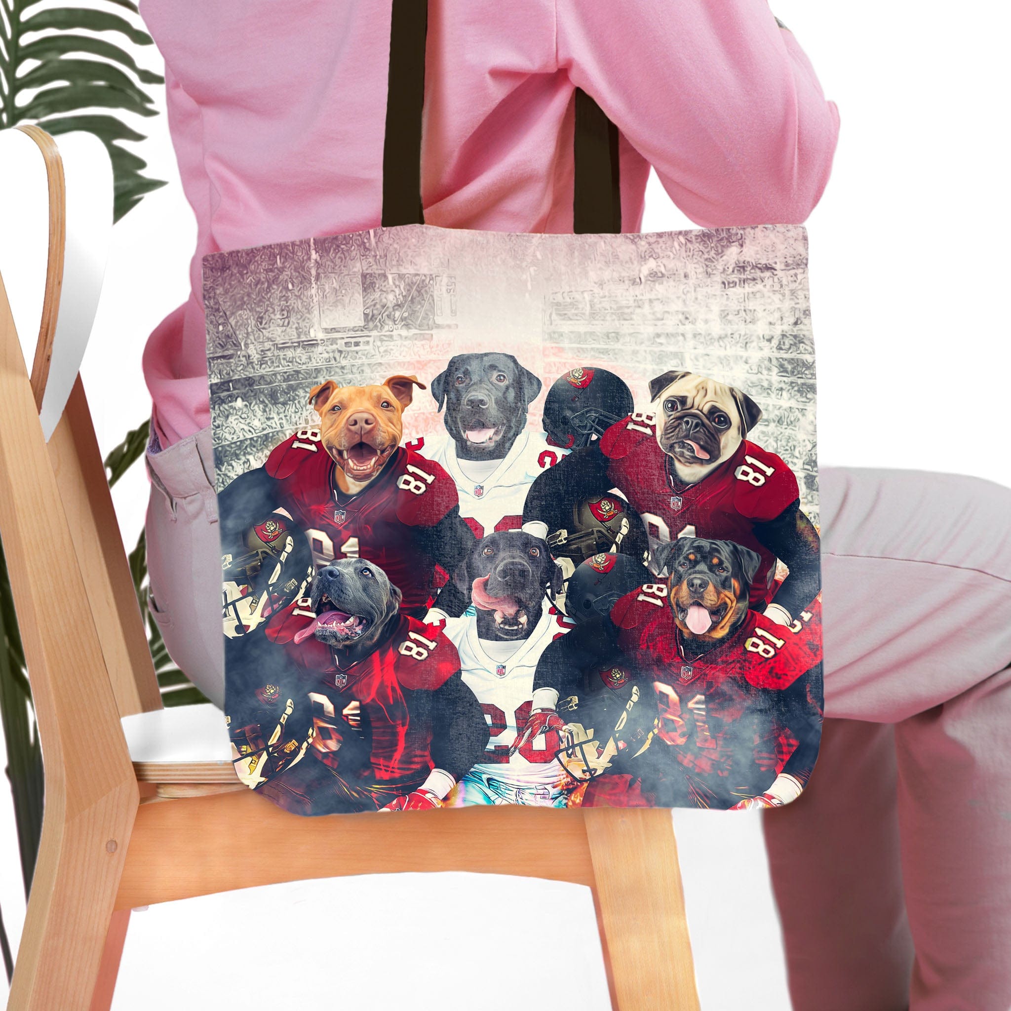 Personalized 6-pet tote bag featuring dogs in Tampa Bay Doggos football uniforms.