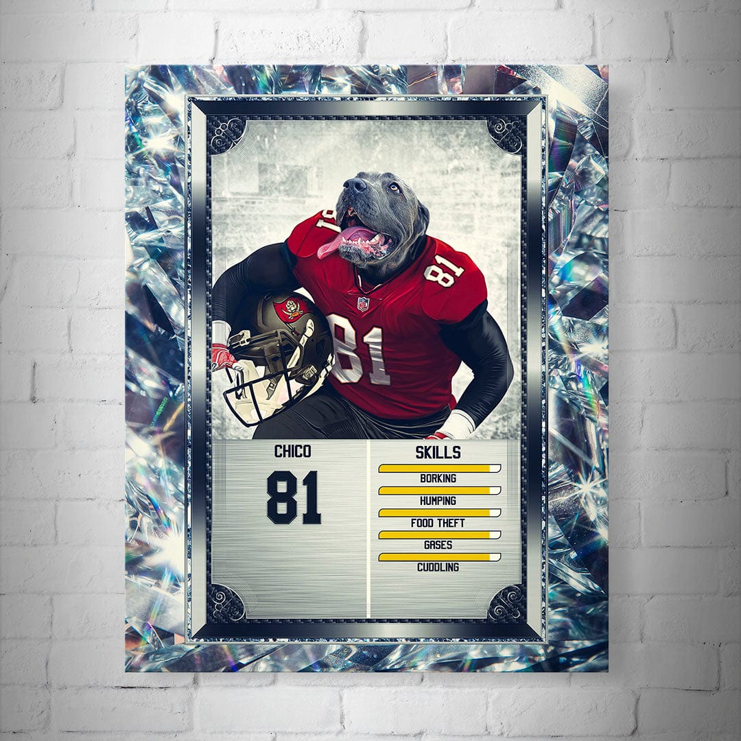 Personalized 8x10" matte poster of a grey dog in a red football jersey, number 81, holding a helmet.