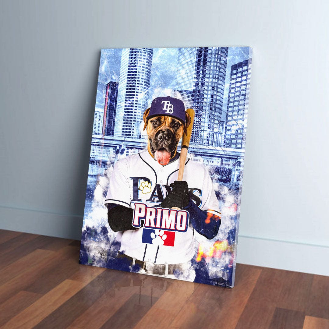 Personalized pet canvas featuring a Boxer dog in a Tampa Bay Rays baseball uniform against a city skyline.