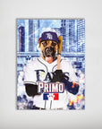 Personalized pet poster featuring a boxer dog in a Tampa Bay Rays baseball uniform with a city background.
