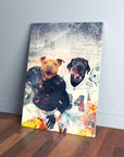 Personalized canvas featuring two dogs in football jerseys, a brown pitbull and a black lab, with a grunge background.