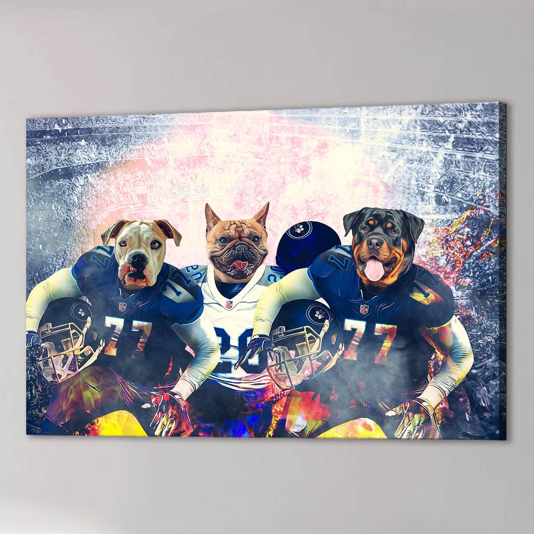 Personalized 'Tennessee Doggos' 3 pet canvas featuring dogs in football uniforms on a vibrant field.