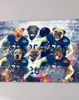 Custom canvas featuring six dogs as football players in blue and white jerseys with helmets.