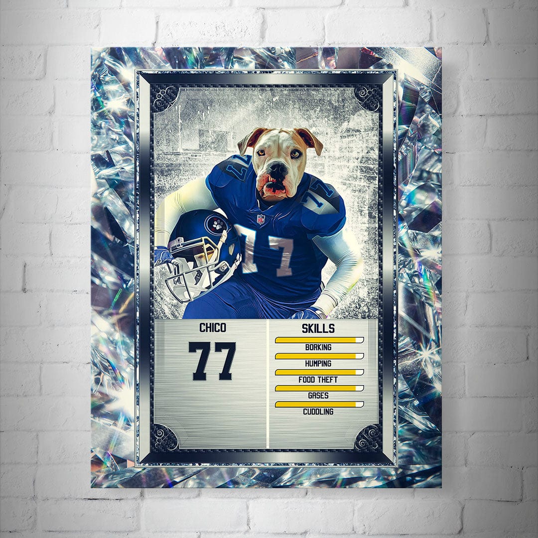 Personalized 8x10" matte poster featuring a bulldog in a blue football uniform, framed by a sparkling diamond design.