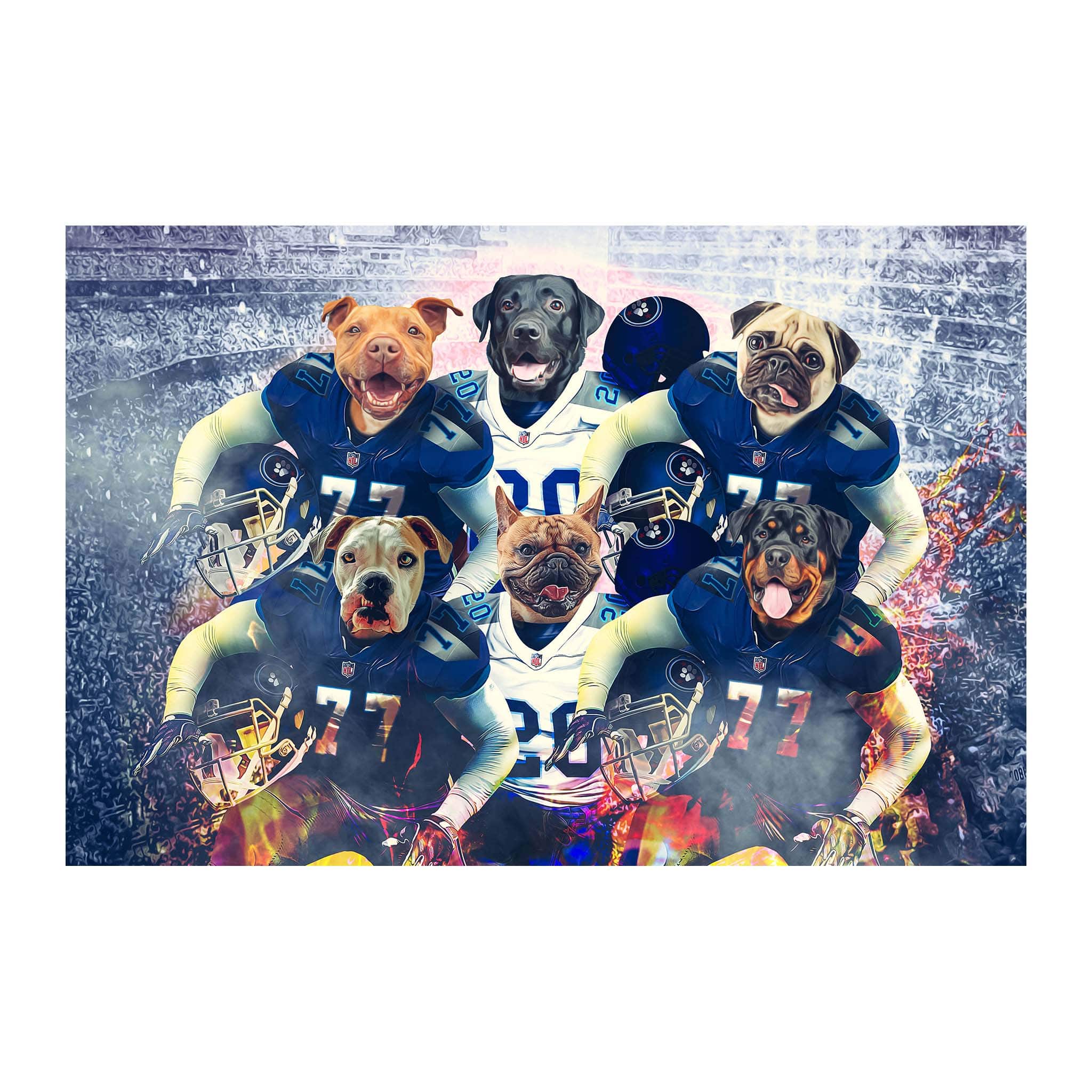 Personalized digital portrait of six dogs in blue and white football jerseys.