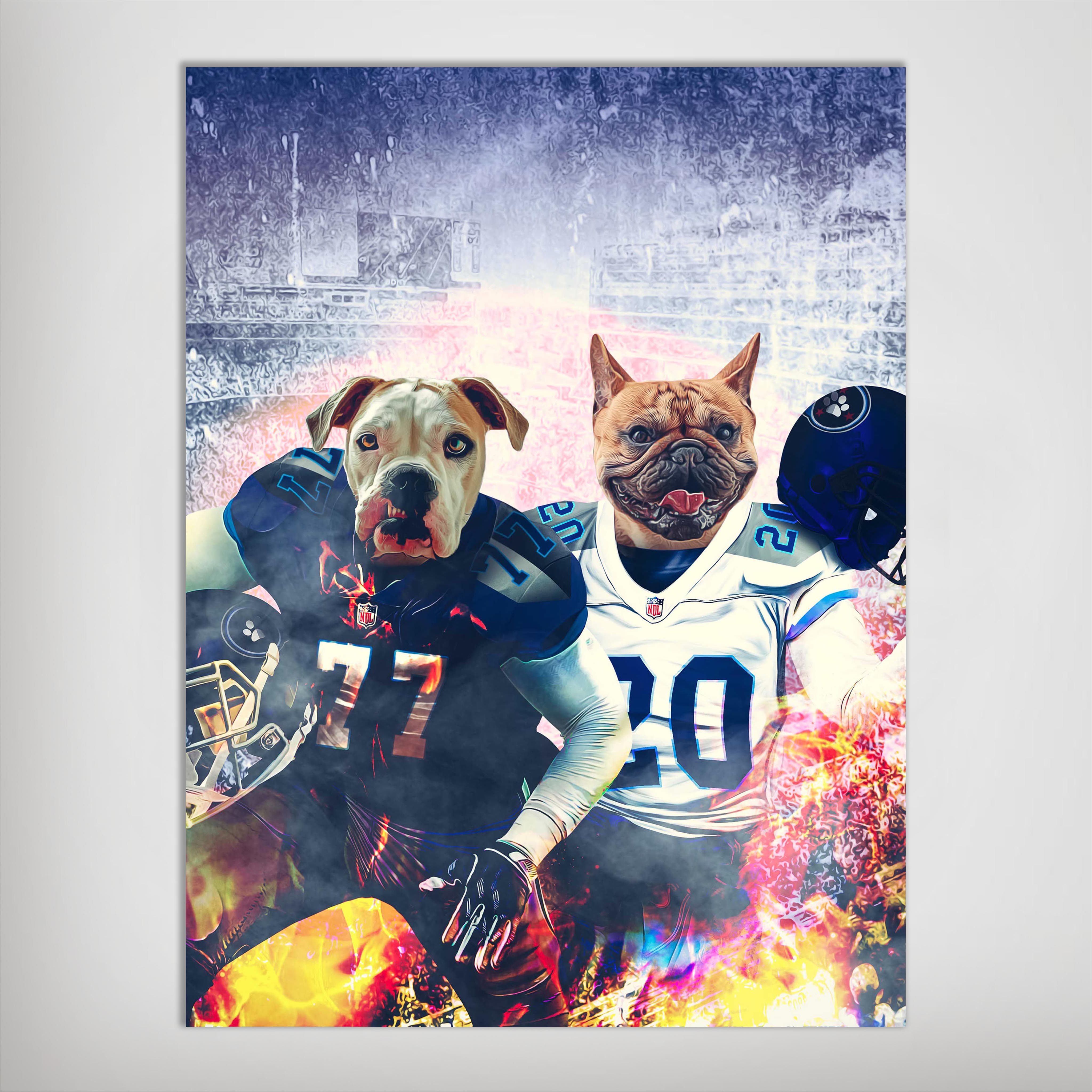 Personalized 'Tennessee Doggos' poster featuring two pets as football players in blue jerseys.