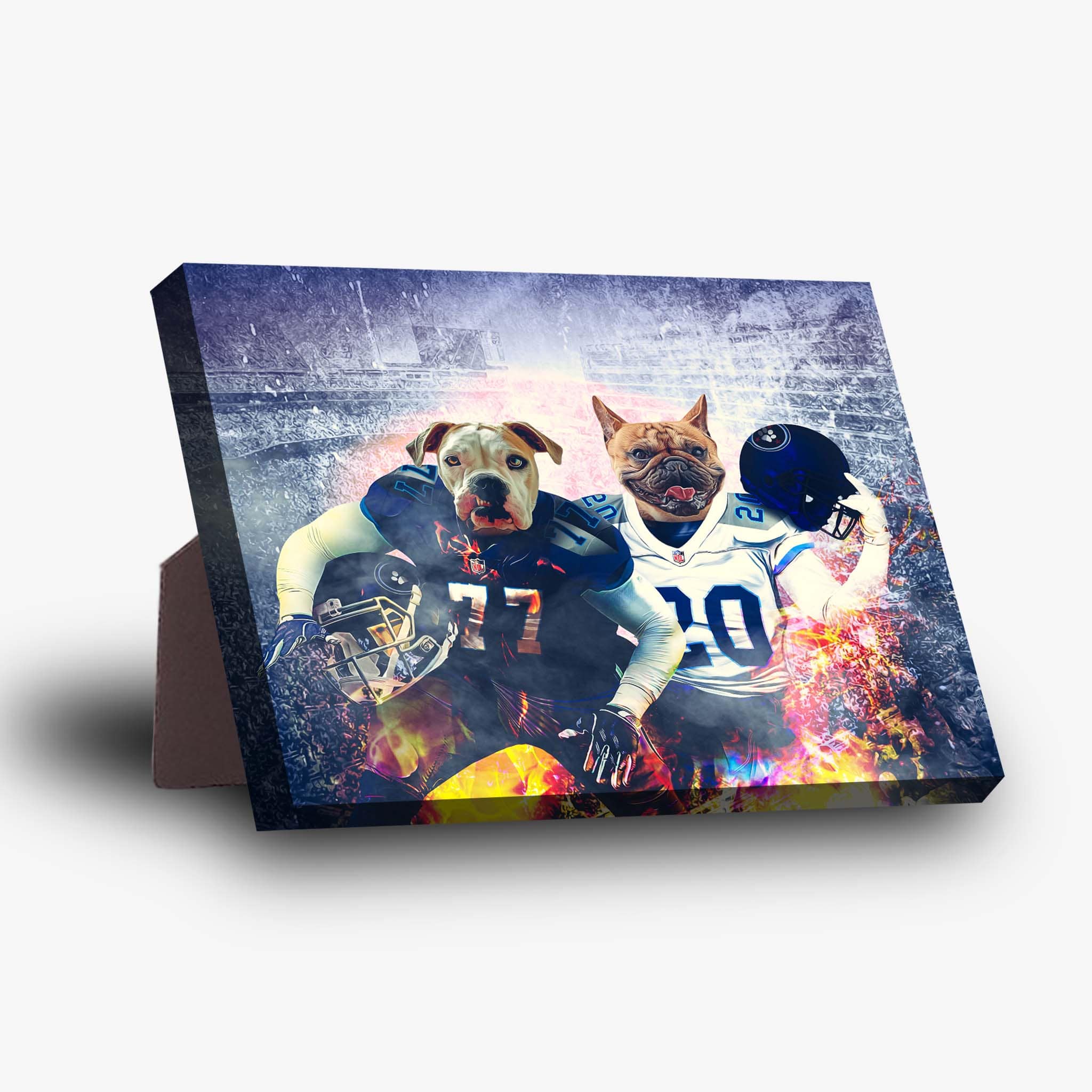 Personalized canvas featuring two pets as football players in uniforms, with a stadium background and fiery effects.