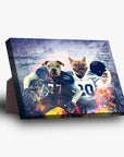 Personalized canvas featuring two pets as football players in uniforms, with a stadium background and fiery effects.